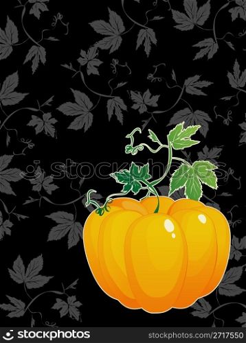 ripe pumpkin with green leaves greeting card for Thanksgiving Day