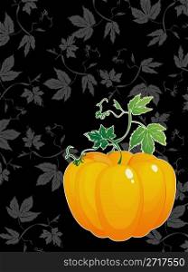ripe pumpkin with green leaves greeting card for Thanksgiving Day