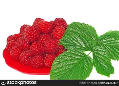 Ripe raspberries decorated with green leaf in a small platter