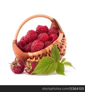 Ripe raspberries in basket isolated on white background cutout