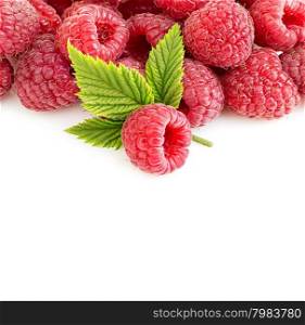 Ripe raspberries with leaves close-up isolated on a white background