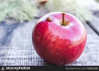 Ripe red apple lies on a wooden table. Vitamins and a healthy diet. Vegetarian concept. Close-up.. Ripe red apple lies on a wooden table. Vitamins and a healthy diet. Vegetarian concept.