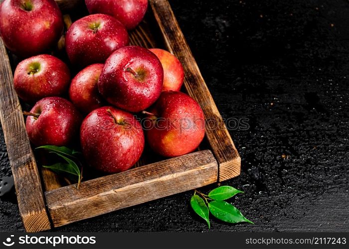 Ripe red apples on a wooden tray. On a black background. High quality photo. Ripe red apples on a wooden tray.