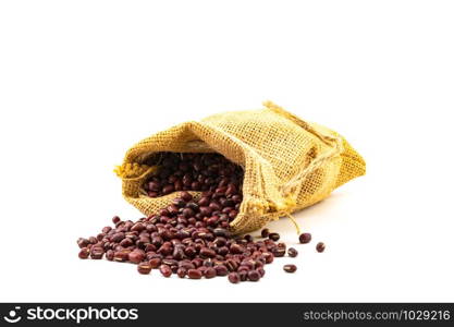 Ripe Red Beans in a sack on white background