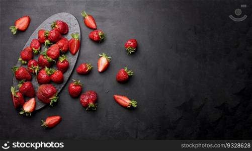Ripe red strawberries on a black table, top view. Copy space