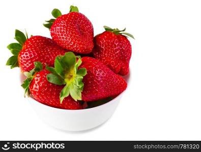 Ripe red strawberries on white plate isolated on white. The Ripe red strawberries on white plate isolated on white