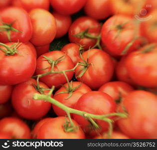 Ripe, red tomatoes with green stems on display at a farmer&rsquo;s market in California. Taken with a lensbaby for the blurred lens effect.