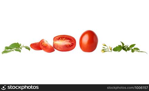ripe red whole tomatoes and slices, green leaf on a white background, autumn harvest for salad and cooking