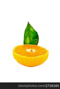Ripe sliced mandarin with leaf isolated on white