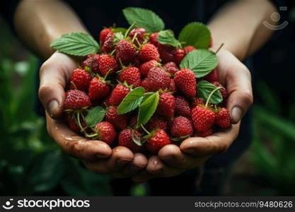 Ripe strawberries in the girl’s hands. Generative AI