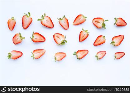 Ripe strawberries on white background. Copy space