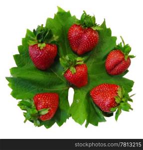 Ripe strawberries with green leaves on the white background