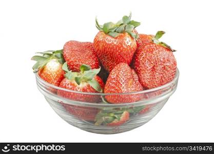 Ripe strawberry in glass bowl isolated over white background