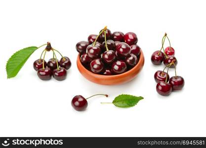 Ripe sweet appetizing cherry isolated on white background. Free space for text.