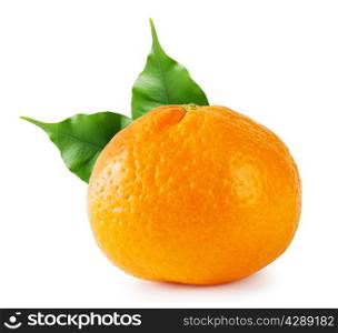 Ripe tangerine with green leaves isolated on white background