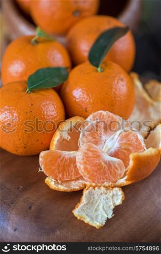 Ripe tangerines on wooden background. tangerines