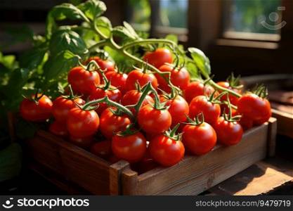 Ripe tomatoes in a wooden box. Generative AI