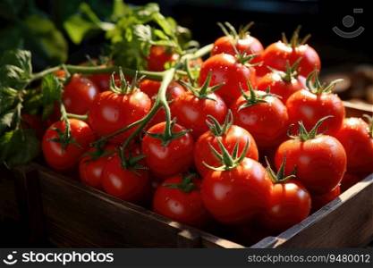 Ripe tomatoes in a wooden box. Generative AI