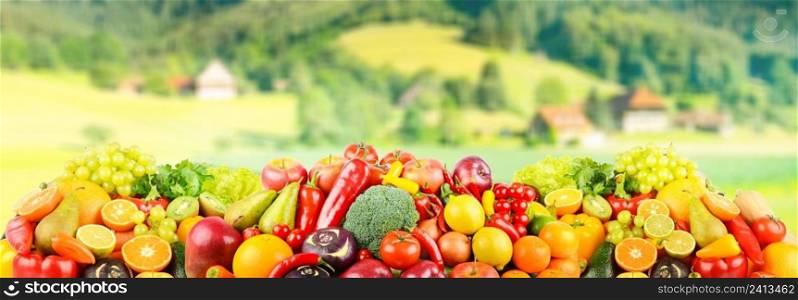 Ripe vegetables and fruits on background of rural landscape