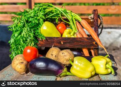 Ripe vegetables in a wooden box on old table outdoors. Vegetables in box