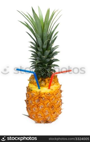 ripe vivid pineapple with red and blue straw isolated over white background