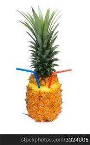 ripe vivid pineapple with red and blue straw isolated over white background