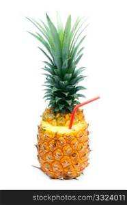 ripe vivid pineapple with red straw isolated over white background