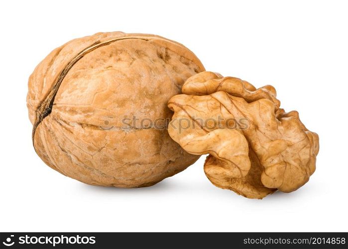 Ripe walnut close up isolated on a white background. Ripe walnut close up