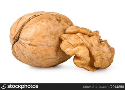 Ripe walnut close up isolated on a white background. Ripe walnut close up