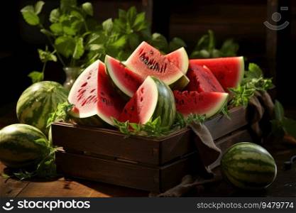 Ripe watermelon in a wooden box. Generative AI