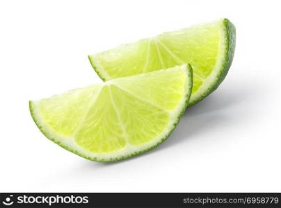 Ripe wedge of green lime citrus fruit isolated on white background. Lime slice with clipping path. green lime citrus fruit