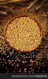 Ripe wheat grains in a wooden bowl. Top view. On a dark background. . Ripe wheat grains in a wooden bowl. Top view.