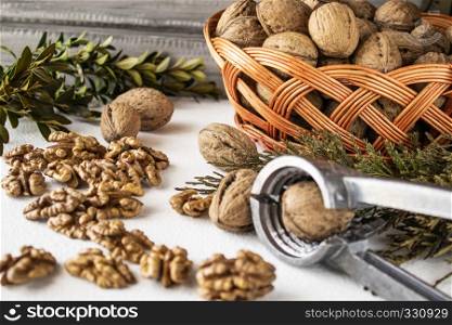 Ripe whole walnuts and peeled walnut kernels on a white background.. Walnut kernels near whole nuts on a white background.