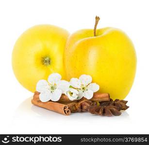 Ripe yellow apples with cinnamon sticks, anise star and apple flowers