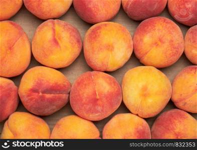 ripe yellow-red round peaches lie in a row, full frame, top view