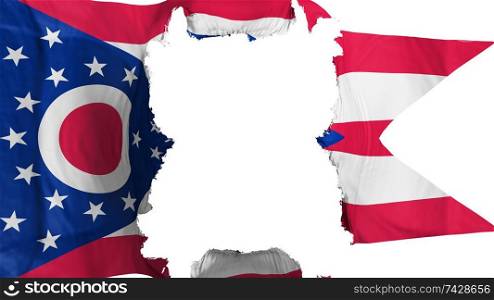 Ripped Ohio state flying flag, over white background, 3d rendering. Ripped Ohio state flying flag