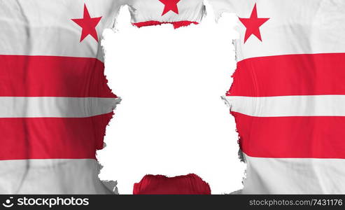 Ripped Washington DC city, capital of United States of America flying flag, over white background, 3d rendering. Ripped Washington DC city flying flag