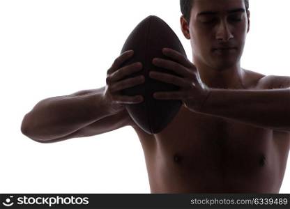 Ripped young man with american football isolated on white