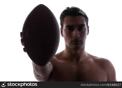 Ripped young man with american football isolated on white