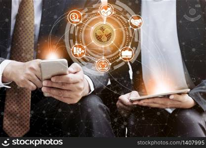 Ripple and cryptocurrency investing concept - Businessman using mobile phone application to trade Ripple XRP with another trader in modern graphic interface. Blockchain and financial technology.. Ripple XRP and Cryptocurrency Trading Concept