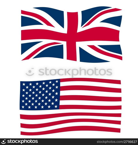 Rippled union jack flags of the UK and USA. Flags
