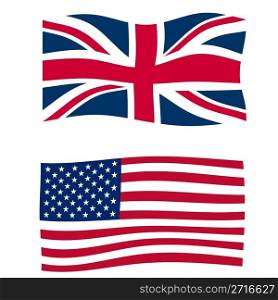 Rippled union jack flags of the UK and USA. Flags