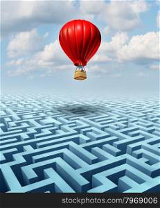 Rise above the challenges of business and life concept with a red hot air balloon with a businessman inside flying over a confusing maze or labyrinth puzzle as a metaphor for conquering adversity success with leadership.