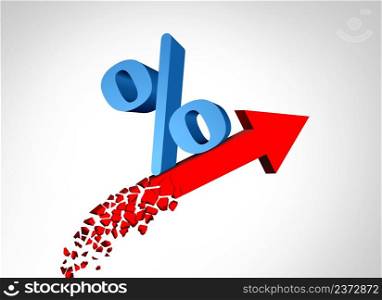 Rise Of Interest rates and higher rate or rising financing cost as an inflation or recession economic concept with a percentage icon on an arrow with 3D illustration elements.