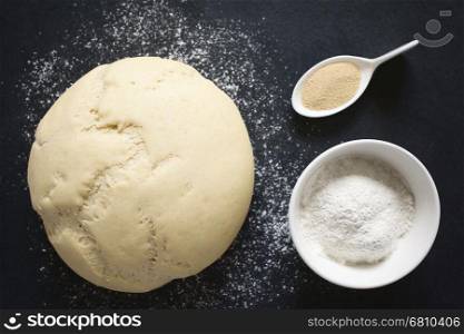 Risen or proved yeast dough for bread or pizza on a floured slate surface, ingredients on the side, photographed overhead with natural light (Selective Focus, Focus on the top of the dough and the flour in the bowl)