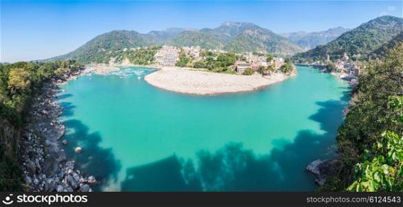 Rishikesh panoramic view, India. It is known as the Gateway to the Garhwal Himalayas and the Yoga Capital of the World.