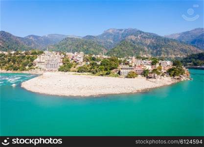 Rishikesh panoramic view, India. It is known as the Gateway to the Garhwal Himalayas and the Yoga Capital of the World.