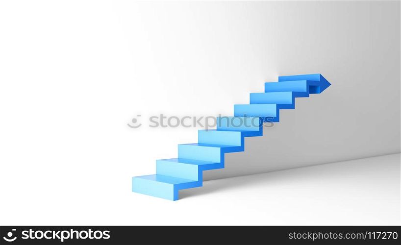 Rising arrow graph on staircase isolated on white background in empty room. Business concept. 3d illustration.