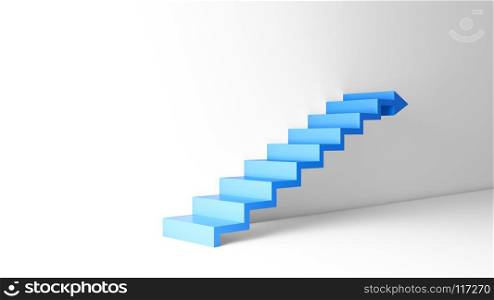 Rising arrow graph on staircase isolated on white background in empty room. Business concept. 3d illustration.