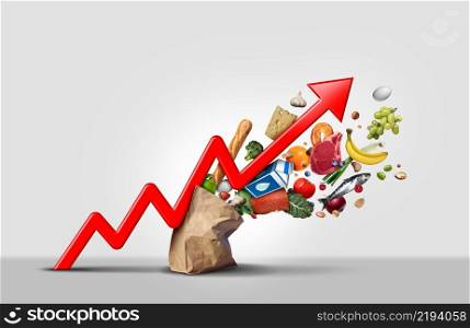 Rising food cost and grocery prices surging costs of supermarket groceries as an inflation financial crisis concept coming out of a paper bag shaped hit by a a finance graph arrow with 3D render elements.